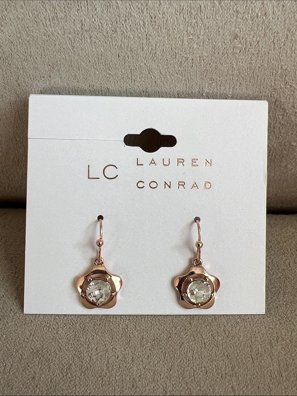 NWT LC Lauren Conrad Rose Gold Floral Drop Fishhook Earrings with Clear Stone